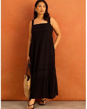 Live Unlimited London Crinkle Pintuck Lace Trim Midaxi Dress - Brown