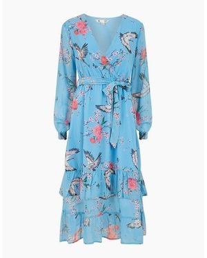 Yumi' Crane Print V-Neck Midi Wrap Dress - Blue