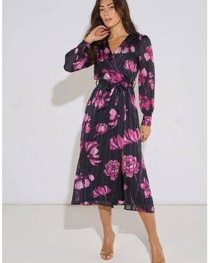 Gini London Floral Chiffon Sparkle Stripe Wrap Midi Dress - Purple