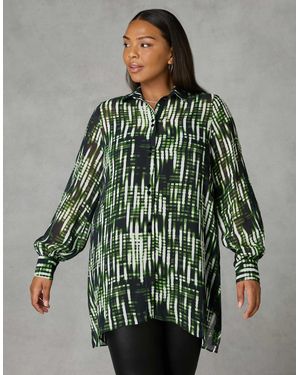 Live Unlimited London Blurred Print Button Through Hanky Hem Shirt - Green