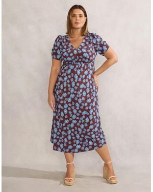 Live Unlimited London Chocolate Floral Print V Neck Shirred Dress - Blue