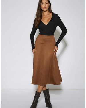 Gini London Tan Suede A Line Midi Skirt - Brown