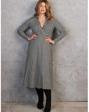 Live Unlimited London Petite Geo Print Collar Wrap Jersey Dress - Grey