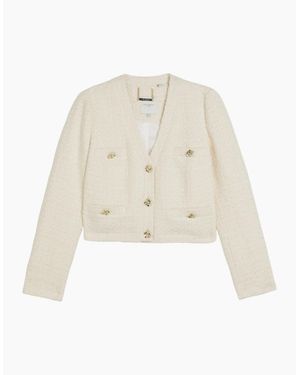 Ted Baker Koma Rose Button Cropped Boucle Ivory Jacket - White