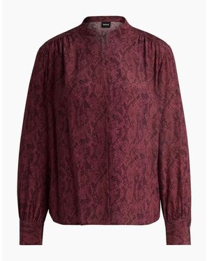 BOSS Notched Neck Band Collar Long Sleeve Blouse - Red