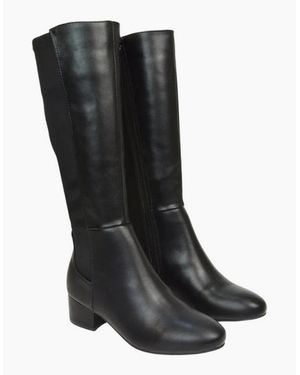 XY London Ladies Hannah Zip Elasticated Shaft Low Block Heel Long Boots - Black
