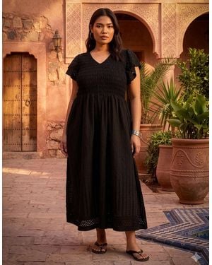 Live Unlimited London Shirred Broderie Cotton Midi Dress - Black