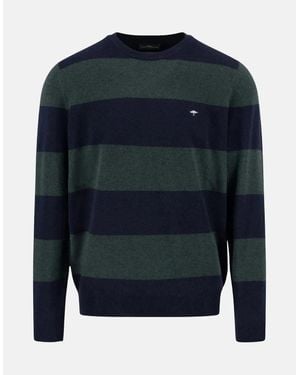 Fynch-Hatton Block Stripe Merino Wool Cashmere Crewneck Knit - Blue