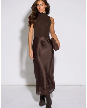 Gini London Contrast Lace Trim Satin Bias Skirt - Brown