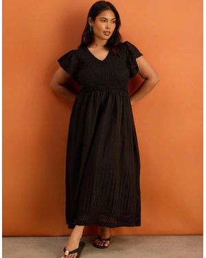 Live Unlimited London Petite Shirred Broderie Midi Dress - Brown