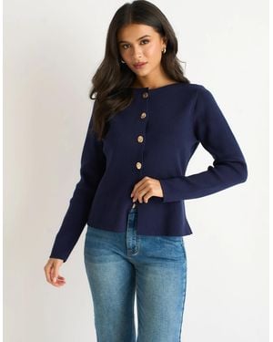 Gini London Button Front Compact Knit Cardigan - Blue
