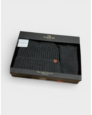 COACH Waffle Beanie Hat, Scarf & Glove Set Charcoal - Black