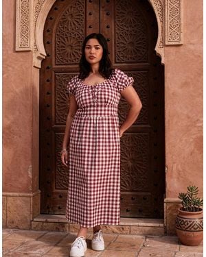 Live Unlimited London Berry Gingham Linen Blend Puff Sleeve Midaxi Dress - Brown