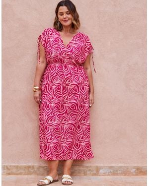 Live Unlimited London Abstract Print Gathered Sleeve Midi Dress - Pink