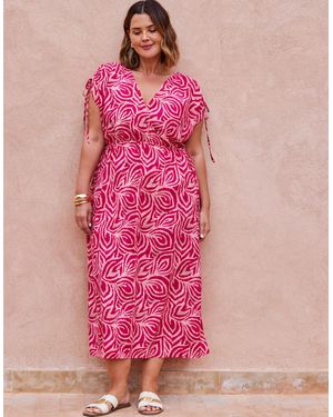 Live Unlimited London Abstract Print Gathered Sleeve Midi Dress - Pink