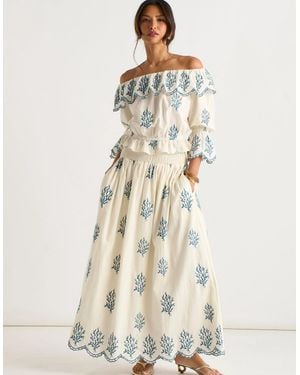 Gini London Marshmallow Cotton Embroidered Skater Maxi Skirt - Natural