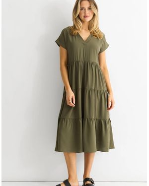 Gini London Khaki V Neck Pocket Smock Midi Dress - Green