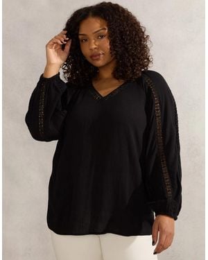 Live Unlimited London Crinkle Crochet Insert Blouse - Black