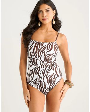 Gini London Chocolate Zebra Animal Print Jacquard Cutout Front Swimsuit - Multicolour