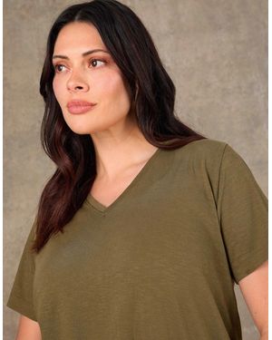 Live Unlimited London Khaki Cotton Slub Longline V Neck T-Shirt - Green