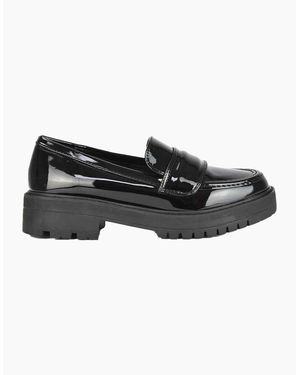 XY London Ladies Kourtney Patent Leather Chunky Heel Loafers - Black