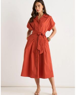 Gini London Rust Cotton Button Through Belted Shirt Dress - Red