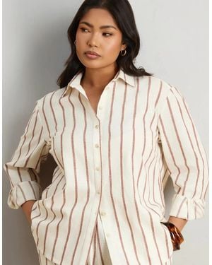 Live Unlimited London Oatmeal Striped Linen Blend Long Sleeve Shirt - Natural
