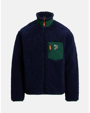 Ralph Lauren Wool Borg Logo Sherpa Zip Through Fleece Cruise - Blue