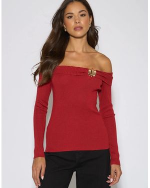 Gini London Bardot Button Detail Top - Red