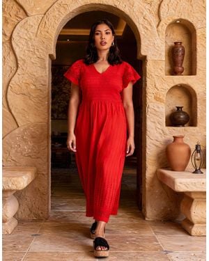 Live Unlimited London Shirred Broderie Cotton Midi Dress