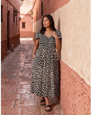 Live Unlimited London Mono Animal Print Shirred Cotton Midi Dress - Brown