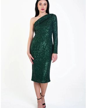 Gini London One Shoulder Draped Sequin Midi Dress - Green