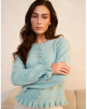 Gini London Long Sleeve Ruffle Front Cardigan - Blue