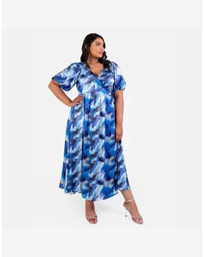 Lovedrobe V-Neck Short Sleeve Wrap Dress - Blue