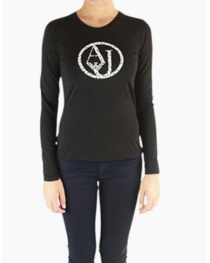 Armani Jeans 5J00Z 0208 T Shirt Crew Neck Cotton Long Sleeve Casual Tee - Black