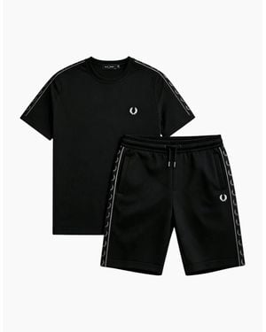 Fred Perry Tape Ringer Co Ords Set Short Sleeve T Shirts Shorts - Black