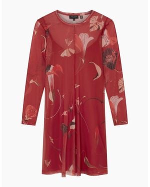 Ted Baker Mesh Long Sleeve Printed Midi Dress - Red