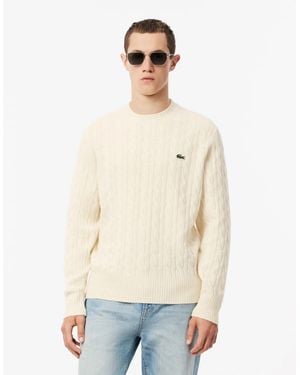 Lacoste Carded Wool Cable Knit Crew Neck Jumper - White