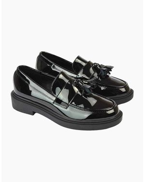 XY London Ladies Alida Patent Chunky Tassel Flat Loafers - Black
