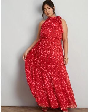 Live Unlimited London Polka Dot Halter Neck Maxi Dress - Red