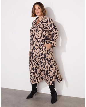 Live Unlimited London Petite Mono Print Collared Midaxi Dress With Notch Sleeves - White