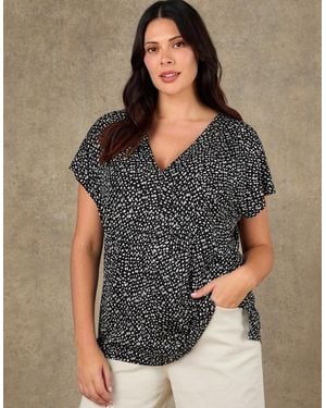 Live Unlimited London Ditsy Print V Neck Top - Grey