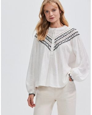 Ro&zo Ivory Embroidered Collarless Blouse - Grey