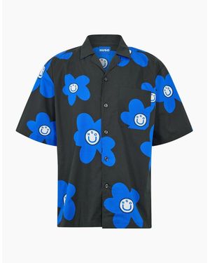 BOSS Patterned Collared Short Sleeve Shirt - Blue