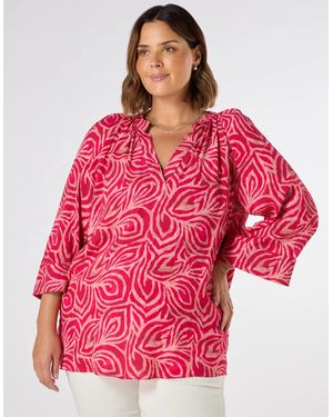 Live Unlimited London Abstract Cropped Sleeve Blouse - Red