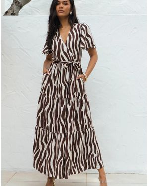 Gini London Chocolate Zebra Print Wrap Midi Dress - White