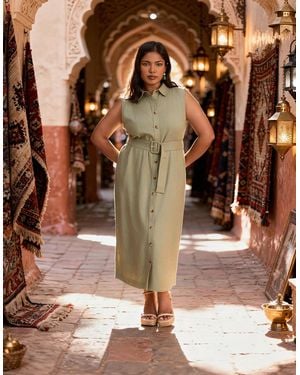 Live Unlimited London Linen Blend Belted Midi Shirt Dress - Brown