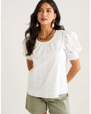 Gini London Cream Broderie Anglaise Puff Sleeves Top - White