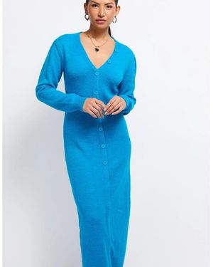 Little Mistress V-Neck Long Sleeve Maxi Jumper Dress - Blue
