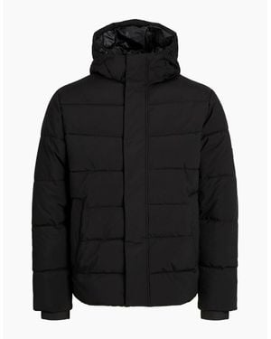 Jack & Jones Solid Patterned Hooded Ribbed Cuff Puffer Jacket - Black